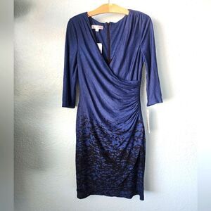 Kay Unger faux wrap ruched sideโand back midiโdress